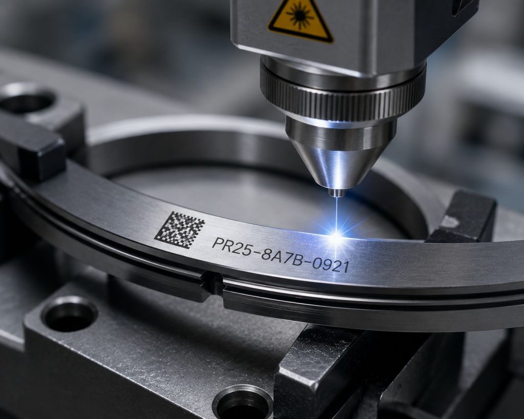 Piston ring marking machine engraving serial number and DataMatrix code on steel automotive piston ring